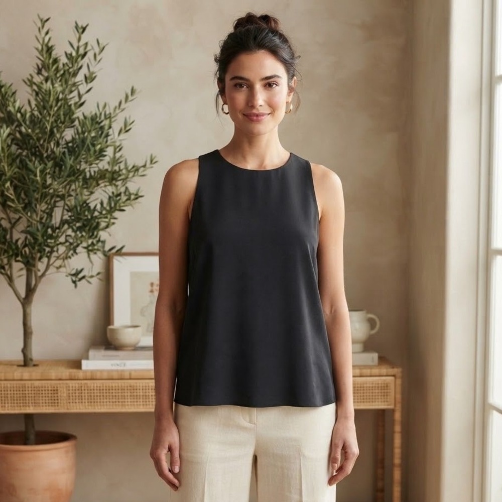 Vince Womens M Black Laser Bonded High Crew Neck Tunic Tank Top Crepe Blouse